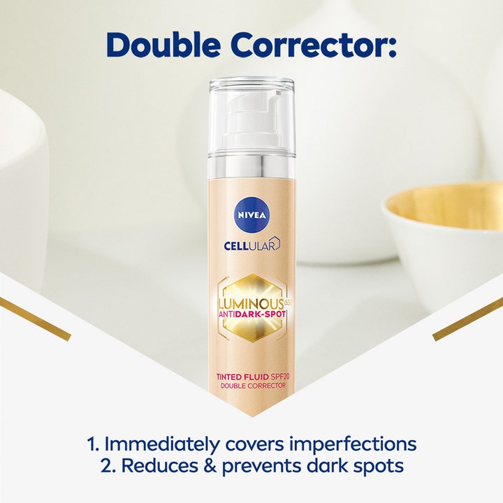 NIVEA LUMINOUS 630 Cellular Tinted Fluid 40 ml tonet dagcreme mod pigmentpletter i beige pumpeflaske med SPF 20