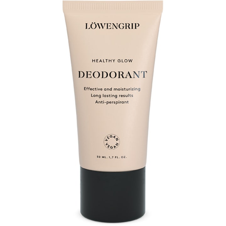Löwengrip Healthy Glow Deodorant 50 ml fugtgivende antiperspirant i en beige tube med sort låg