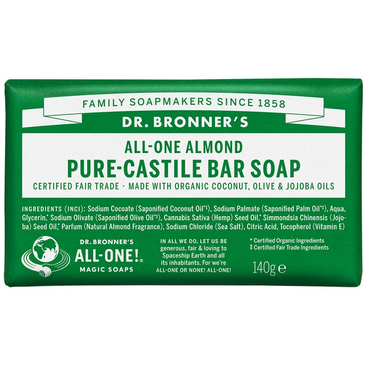 Dr. Bronner's All-One Almond Pure-Castile Bar Soap 140g fugtgivende fast sæbe i grøn papiremballage med hvid tekst
