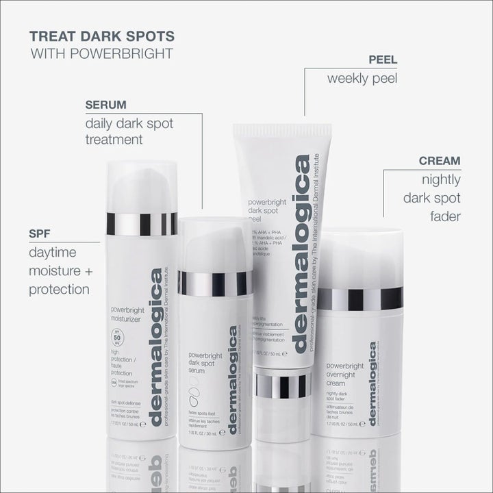 Dermalogica PowerBright Dark Spot System med niacinamid mod mørke pletter viser serum, peel, natcreme og SPF 50.