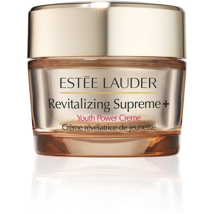 Estée Lauder Revitalizing Supreme+ Youth Power Creme opstrammende ansigtscreme i luksuriøs guldfarvet glaskrukke.