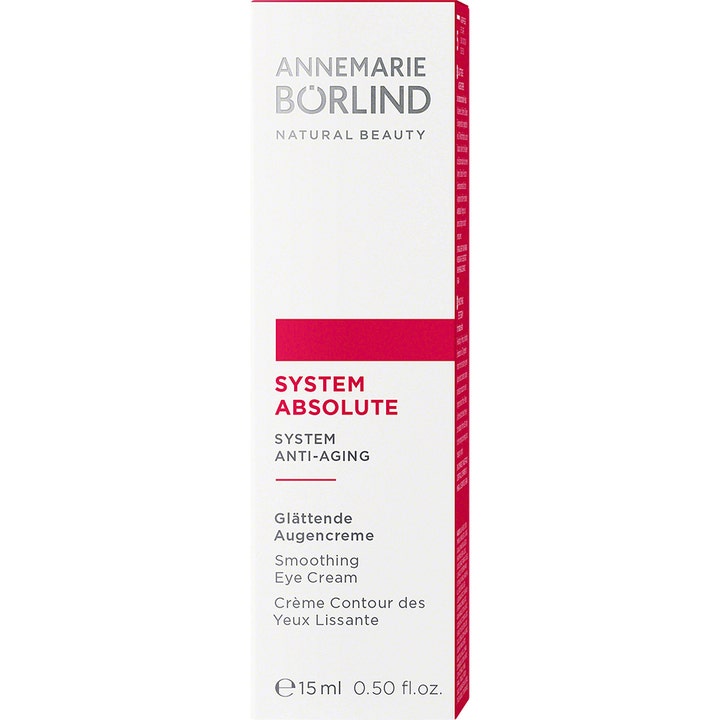 Annemarie Börlind System Absolute Eye Cream 15 ml udglattende øjencreme i hvid æske med rød stribe og anti-aging tekst.