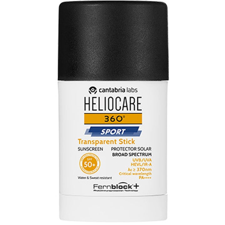 Heliocare 360 Sport Transparent Stick 25 g solbeskyttelse i praktisk hvid stift med sort låg