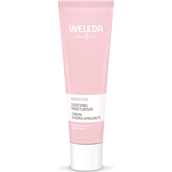 Weleda Sensitive Soothing Moisturiser beroligende ansigtscreme med mandel i en lyserød tube med hvidt låg