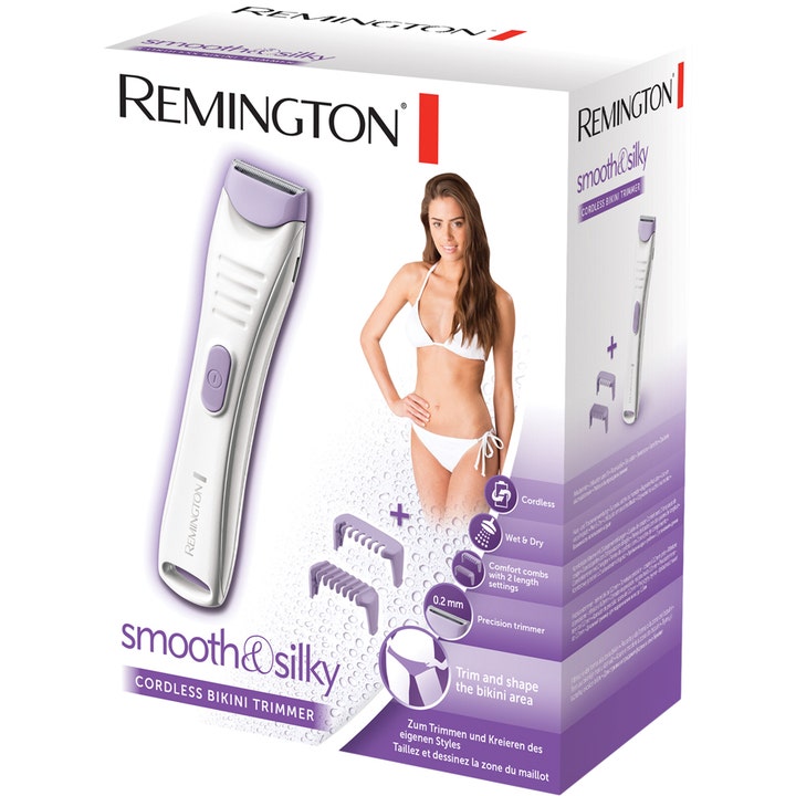 Remington Smooth & Silky BKT4000 1 stk bikinitrimmer i hvid og lilla emballage med to kamme