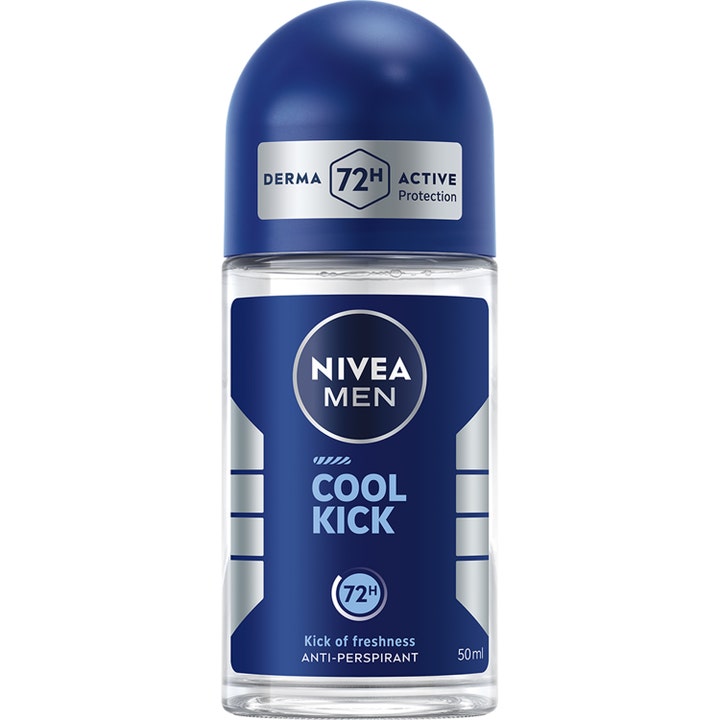 Nivea Men Cool Kick 50 ml roll-on deodorant der sikrer 72 timers beskyttelse i gennemsigtig glasflaske med blåt låg