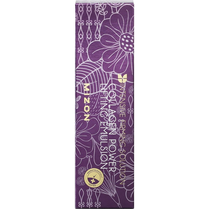 Mizon Collagen Power Lifting Emulsion 120 ml opstrammende serum i lilla æske med hvidt blomstermønster og guldtekst