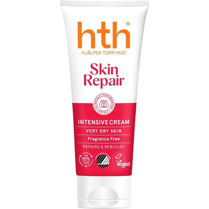 HTH Skin Repair Intensive Cream fugtgivende creme til meget tør hud i hvid tube med rødt design og orange logo.