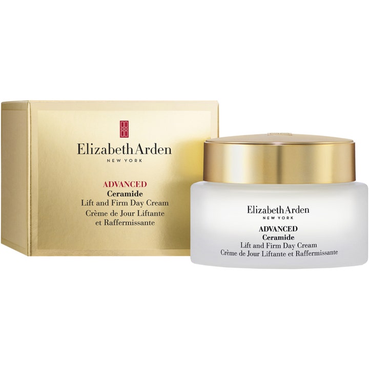 Elizabeth Arden Ceramide Lift & Firm Day Cream 50 ml opstrammende dagcreme i hvid krukke med guldlåg og æske.