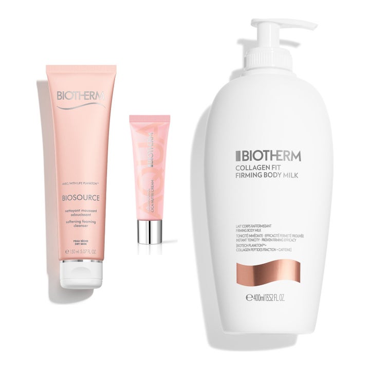 Biotherm Biosource og Collagen Fit 150ml og 400ml fugtgivende hudplejesæt i lyserøde tuber og hvid pumpeflaske.