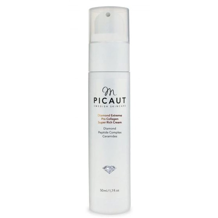 M. Picaut Diamond Extreme Pro Collagen 50 ml anti-age ansigtscreme i hvid pumpeflaske med gennemsigtigt låg.