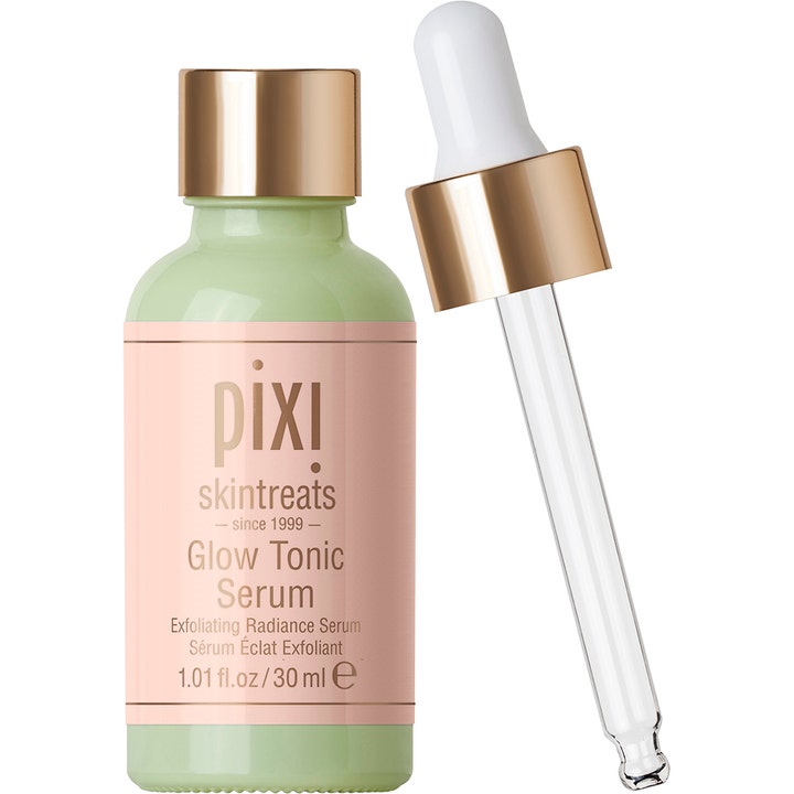 Pixi Glow Tonic Serum 30 ml eksfolierende ansigtsserum i grøn flaske med lyserød label og guldfarvet glaspipette