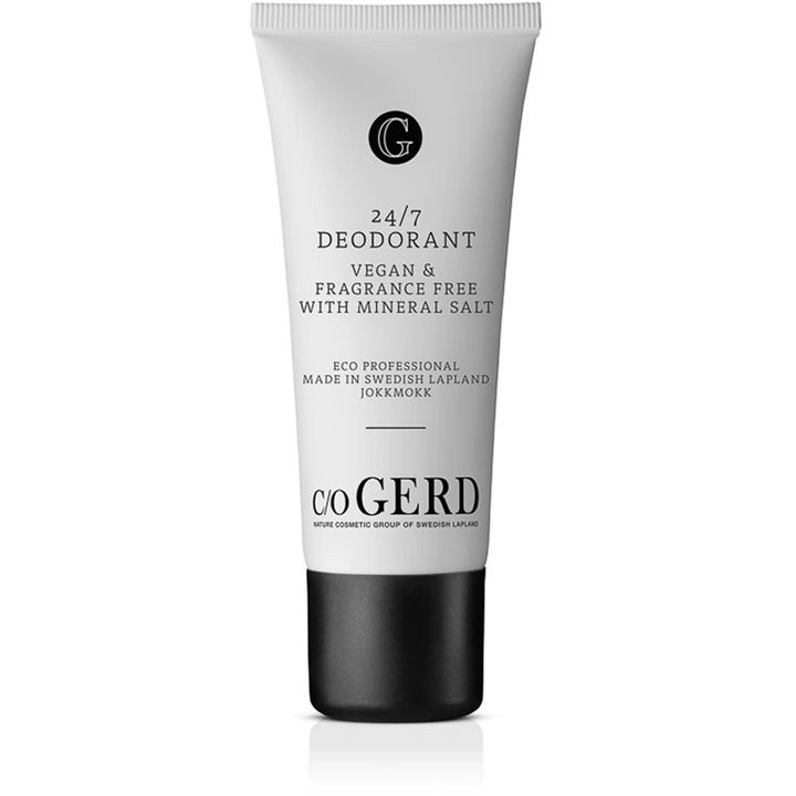 c/o GERD 24/7 Deodorant 60 ml vegansk parfumefrit hudpleje i hvid tube med sort skruelåg og mineralsalt.