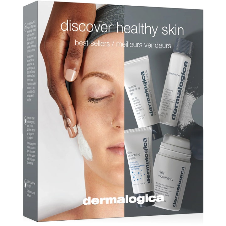 Dermalogica Discover Healthy Skin Kit hudplejesæt i grå æske med fire rejsestørrelser og ansigtspleje.