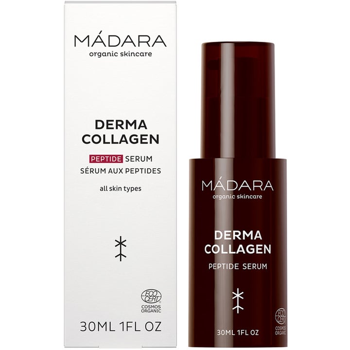 MÁDARA Derma Collagen Peptide Serum 30 ml opstrammende serum i mørkebrun pumpeflaske med hvid yderæske
