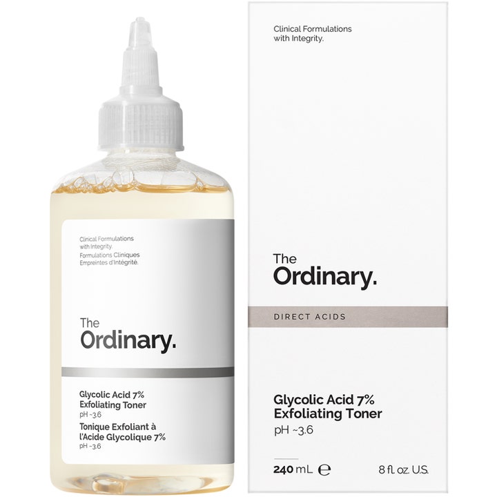 The Ordinary Glycolic Acid 7% Exfoliating Toner 240 ml eksfolierende toner i klar flaske med hvid emballage