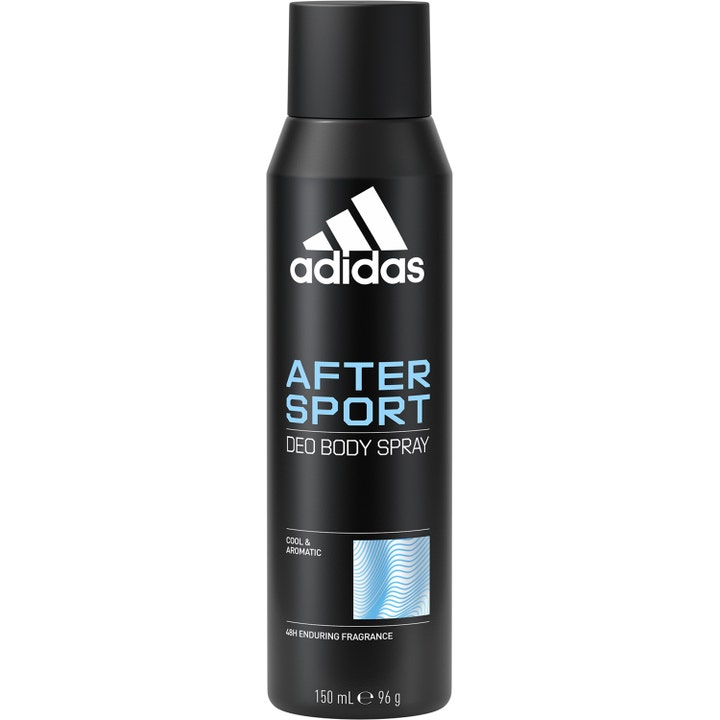 Adidas After Sport Deo Body Spray 150 ml opfriskende deospray i en sort spraydåse med hvidt logo og lyseblå detaljer