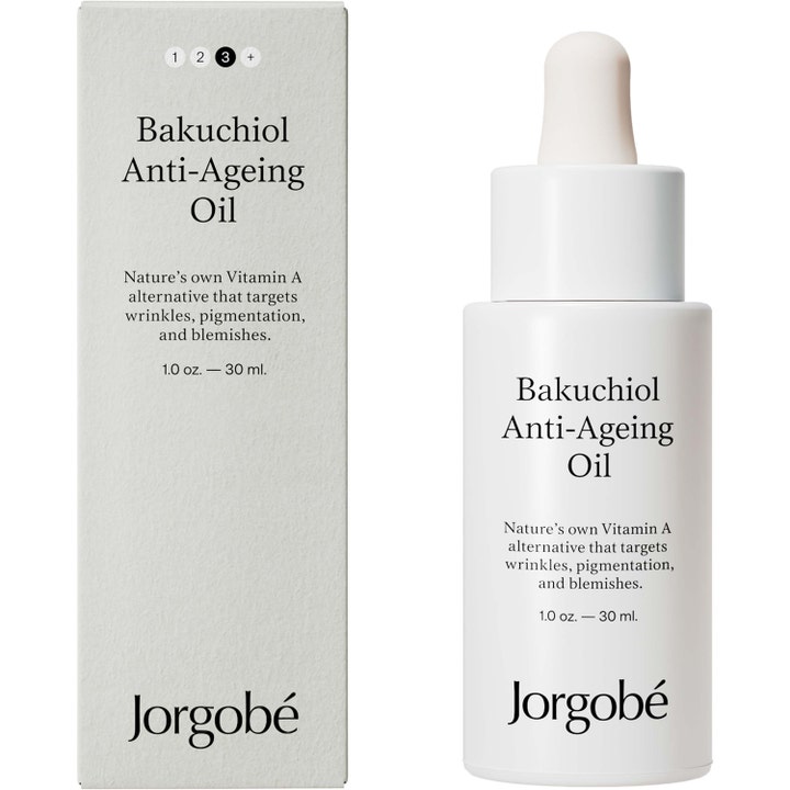 Jorgobé Bakuchiol Anti-Ageing Oil 30 ml ansigtsolie i hvid pipetteflaske og æske der reducerer rynker