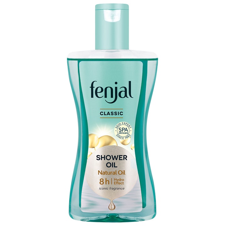 Fenjal Classic Shower Oil 200ml plejende badeolie i turkis gennemsigtig flaske dekoreret med gyldne oliedråber