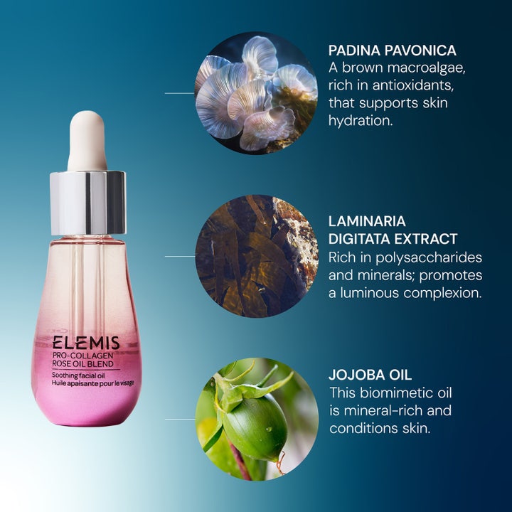 Elemis Pro-Collagen Rose Facial Oil 15 ml beroligende ansigtsolie i pink flaske med Padina Pavonica og jojobaolie