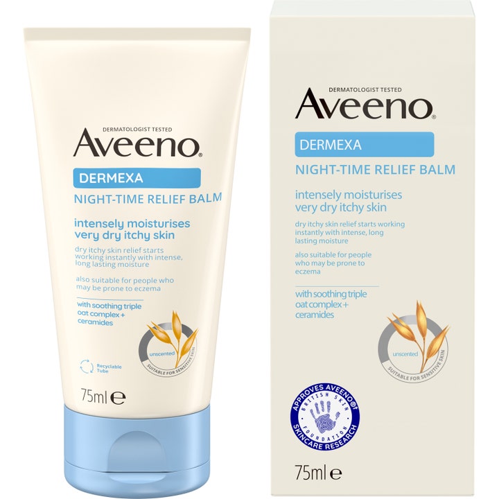 Aveeno Dermexa Night-time Relief Balm 75 ml beroligende balsam mod tør hud i cremehvid tube og æske med lyseblåt låg.
