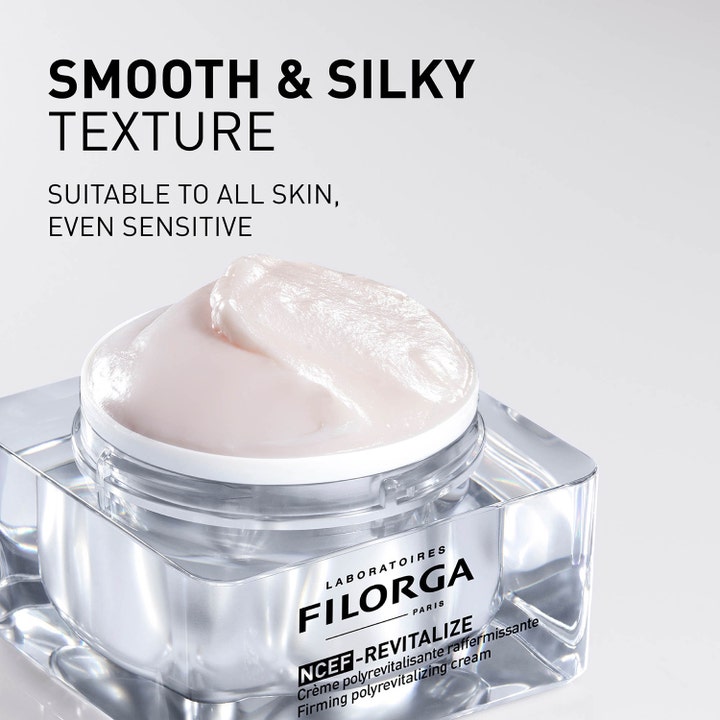 Filorga NCEF-Revitalize Cream 50 ml revitaliserende dagcreme med lyserød smooth & silky texture i gennemsigtig krukke