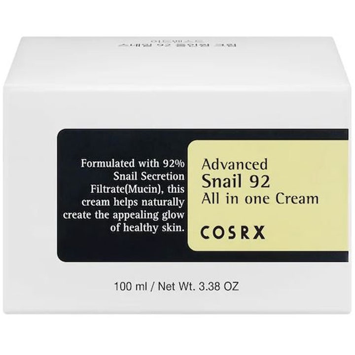 COSRX Advanced Snail 92 All in one Cream 100 ml fugtgivende ansigtscreme i hvid æske med sort og gul etiket