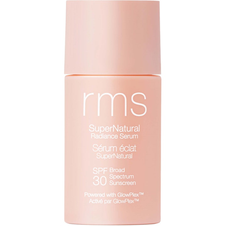 RMS Beauty SuperNatural Radiance Serum SPF 30 30 ml glødgivende solcreme i ferskenfarvet flaske