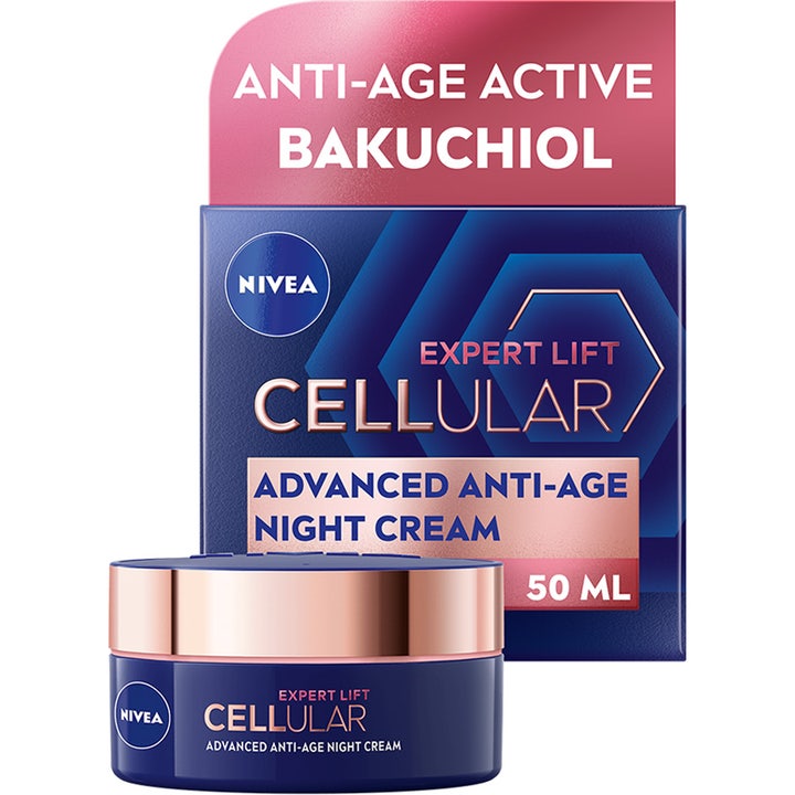 Nivea Expert Lift Cellular 50 ml anti-age natcreme med bakuchiol i blå krukke med rosaguld låg og æske.