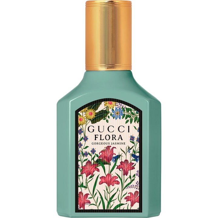 Gucci Flora Gorgeous Jasmine Eau de Parfum 30 ml i turkis glasflakon med blomstermotiv og guldfarvet låg
