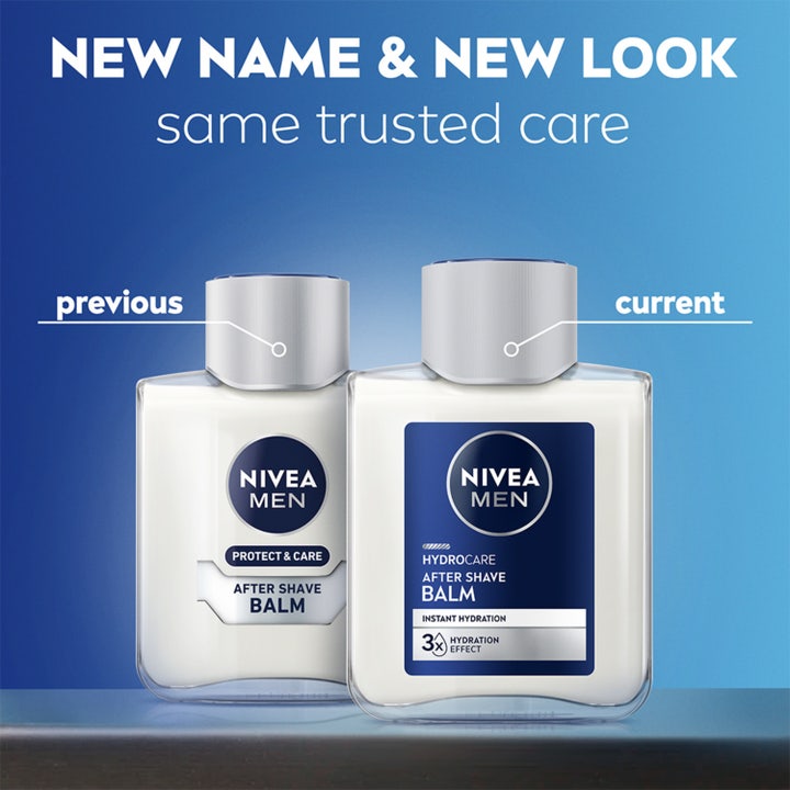 NIVEA Protect & Care After Shave Balm 100 ml fugtgivende pleje viser skiftet fra gammelt til nyt flaskedesign