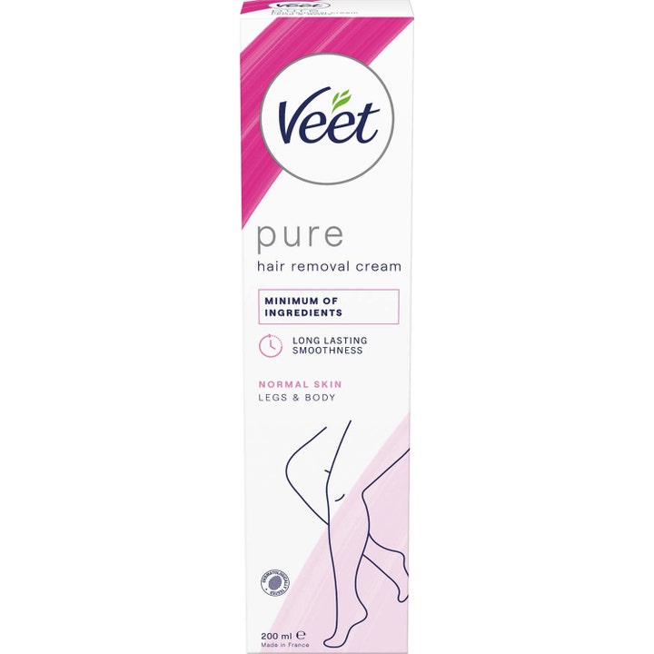 Veet Pure Hair Removal Cream 200 ml hårfjerningscreme giver glat hud i hvid æske med lyserøde detaljer.