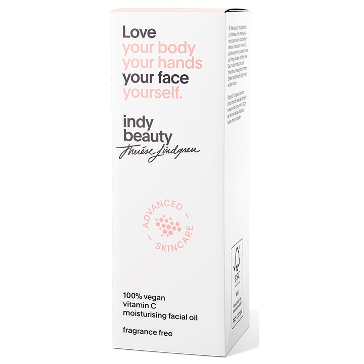 Indy Beauty Vitamin C Moisturising Facial Oil 30 ml fugtgivende ansigtsolie i hvid papæske med teksten 100% vegan