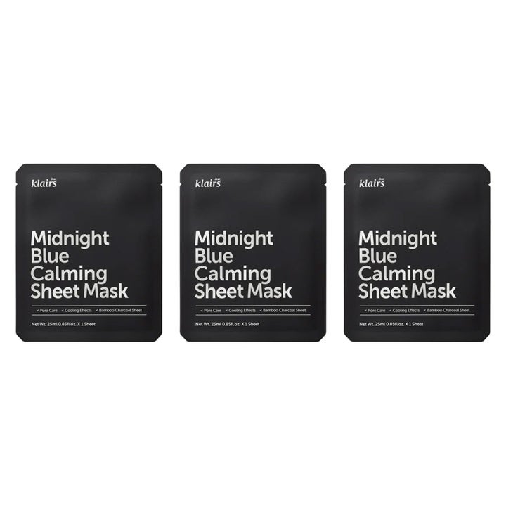 Klairs Midnight Blue Calming Sheet Mask 3 stk beroligende ansigtsmaske i sorte matte breve til porepleje