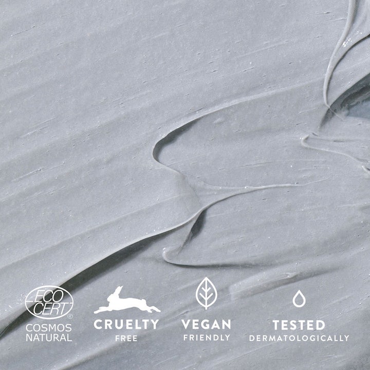 MÁDARA Peel Creamy Clay AHA Peel Mask 60 ml eksfolierende ansigtsmaske med grå cremet ler-tekstur og veganske ikoner