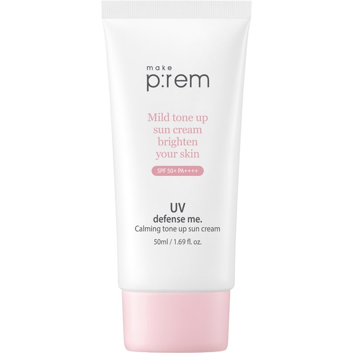 make p:rem UV defense me Calming Tone Up Sun Cream 50ml lysner huden i en hvid tube med lyserødt låg