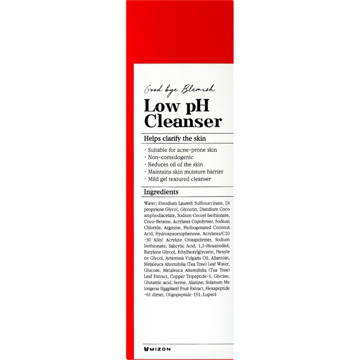 Mizon Good Bye Blemish Low pH Cleanser 100 ml mod urenheder i hvid og rød emballage med ingrediensliste