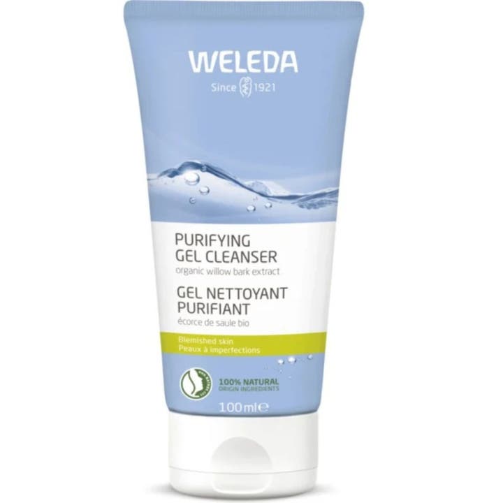 Weleda Purifying Gel Cleanser 100 ml rensende ansigtsgel til uren hud i lyseblå og hvid tube med hvidt låg.