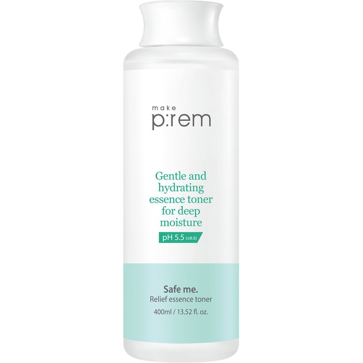 make p:rem Safe me. Relief essence toner 400ml fugtgivende toner i hvid plastflaske med lyseblå detaljer