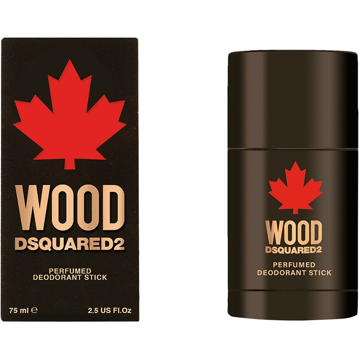 Dsquared2 Wood Pour Homme 75 ml perfumeret deostick i mørkebrun indpakning med ikonisk rødt ahornblad og guldtekst
