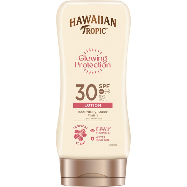 Hawaiian Tropic Glowing Protection SPF 30 solcreme giver huden glød i en beige tube med et flot bronzefarvet låg.
