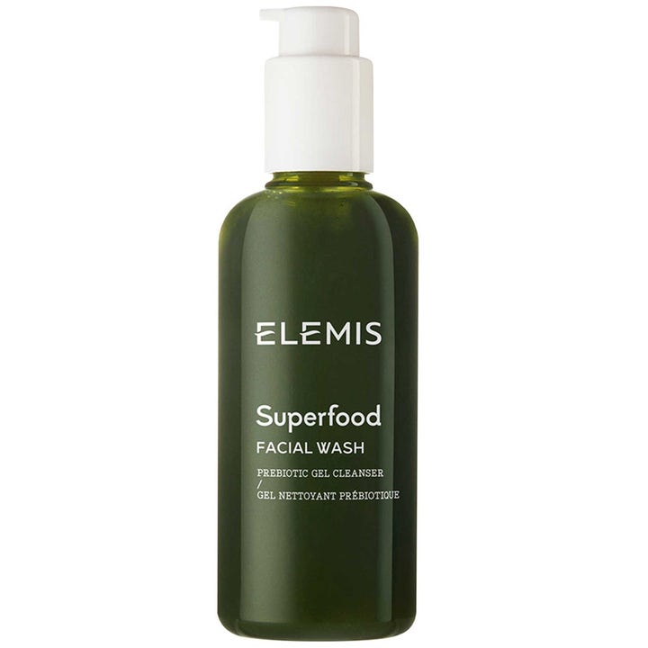 Elemis Superfood Facial Wash 200ml prebiotisk ansigtsvask der renser huden i en mørkegrøn flaske med hvid pumpe