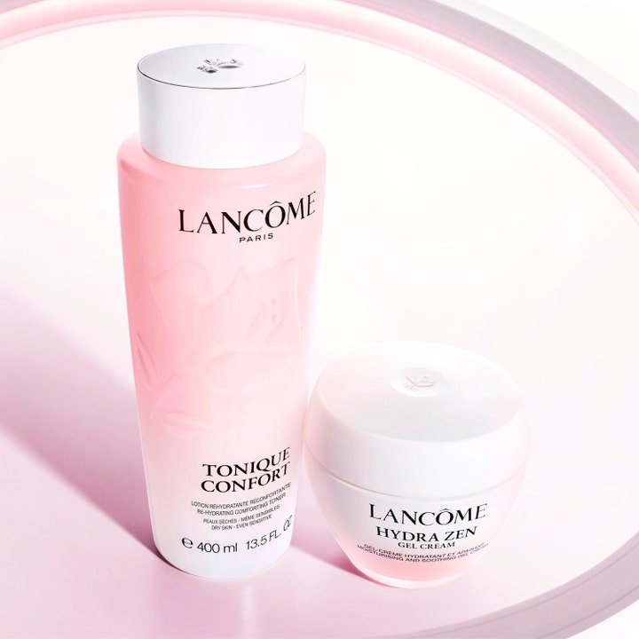 Lancôme Tonique Confort 400 ml beroligende toner og Hydra Zen gel cream i lyserøde flasker