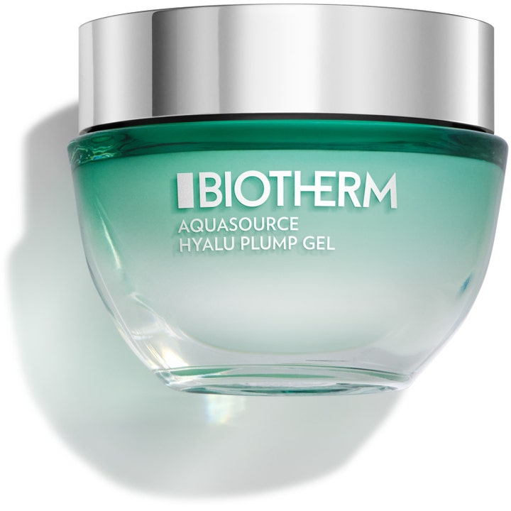 Biotherm Aquasource Hyalu Plump Gel fugtgivende ansigtsgel i grøn glaskrukke med sølvlåg der giver huden fylde