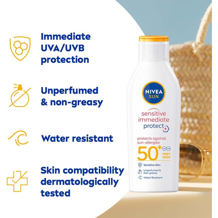 NIVEA Sun Sensitive Immediate Protect SPF50+ 200 ml solcreme i hvid flaske med fordele vist på grafik