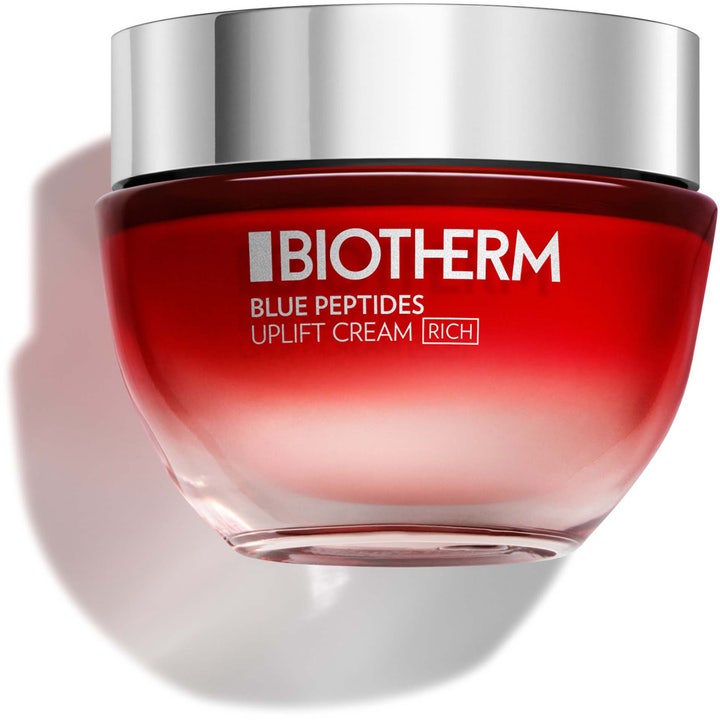 Biotherm Blue Peptides Uplift Cream Rich opstrammende ansigtscreme i en rød glaskrukke med sølvlåg