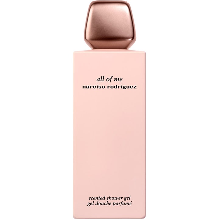 Narciso Rodriguez All of Me parfumeret showergel i en mat lyserød flaske med et elegant rosa guld låg.