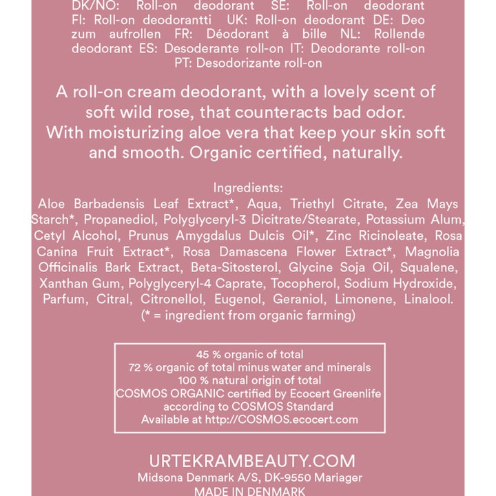 Urtekram Soft Wild Rose 50 ml roll-on deodorant med fugtgivende aloe vera vist med ingrediensliste