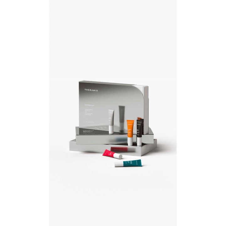 Niche Beauty Lab Theramid Discovery Kit 5 stk hudplejesæt i sølvæske med farverige tuber til ansigtspleje.