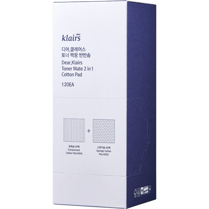 Klairs Toner Mate 2 in 1 Cotton Pad 120 stk vatrondeller til toner i hvid og blå æske med illustrationer